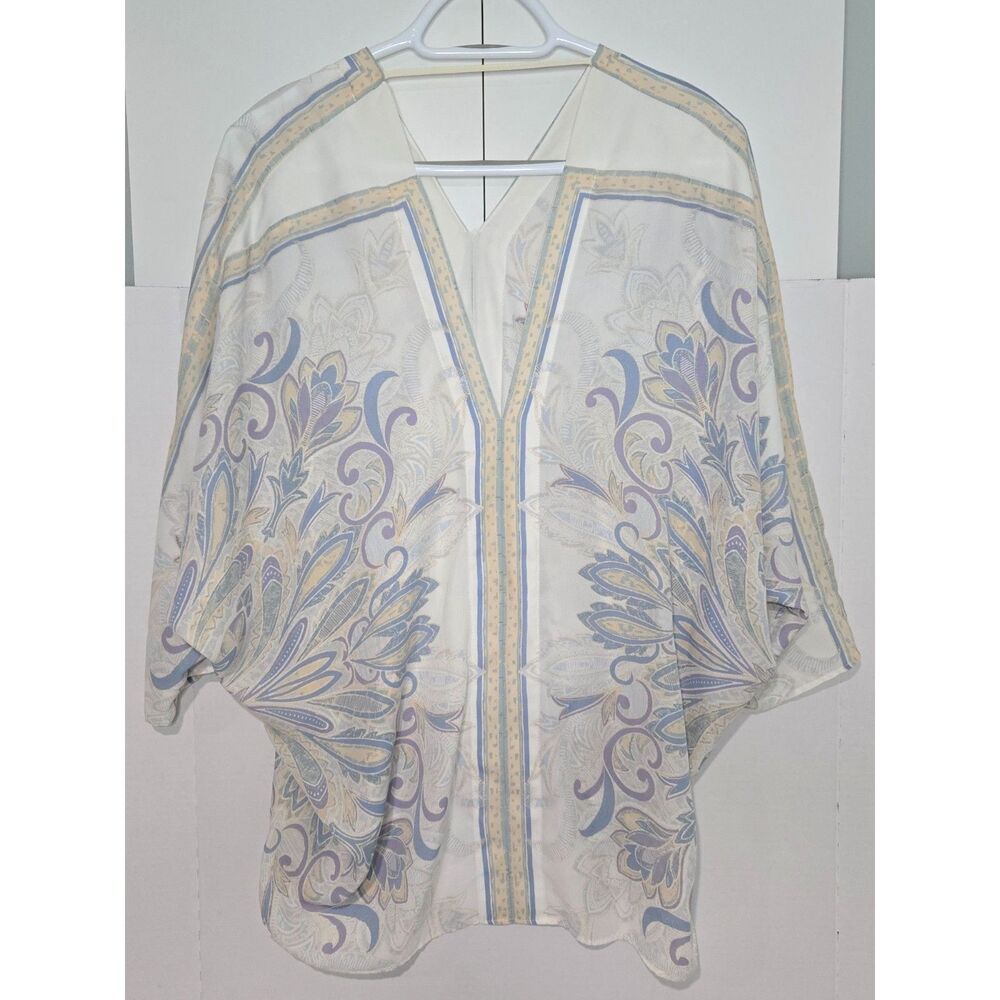 Rose + Olive Boho Kimono Poncho Blouse | Women's Size L | Blue Paisley V-Neck - Picture 2 of 9